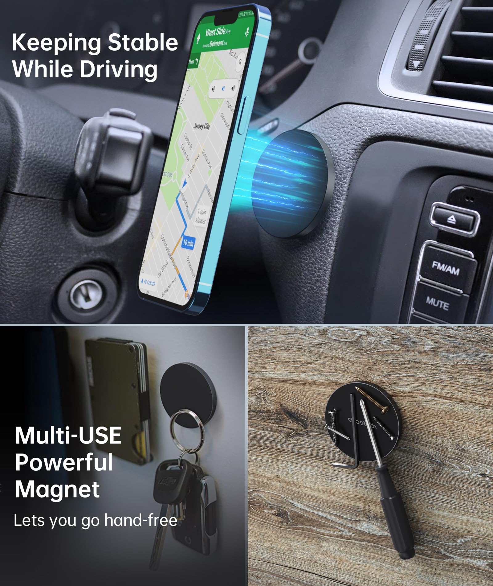 ARLIFE Sticky Magnetic Phone Wall Mount Compatible with Magsafe iPhone 14 13 12 Mini Pro Max, Holder for Samsumg and All Smartphones with Metal Ring. Wall Car Automobile Cradles Dash Shower Mount