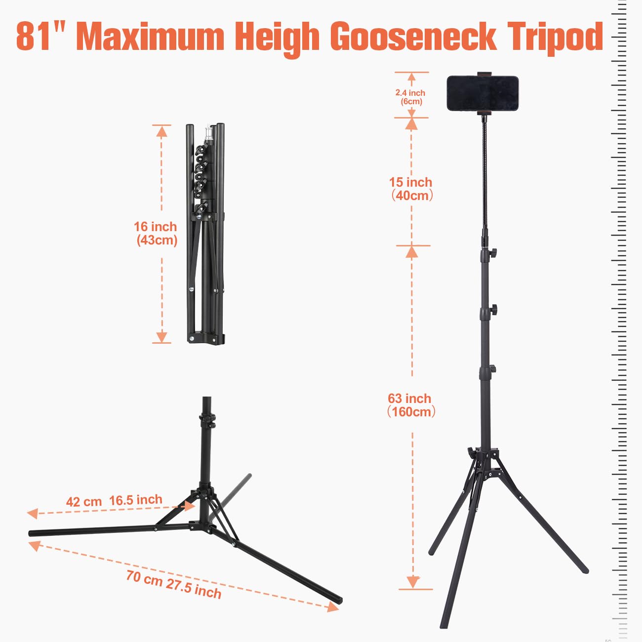 Phone Floor Tripod Stand, Lusweimi 81" Tall Cell Phone Tripod, Overhead 360°Adjustable Gooseneck Tripod with Phone Holder, Compatible with iPhone 15 Pro Max/Plus/14/13/12 for Video Recording