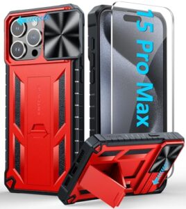 fntcase for iphone 15-pro-max case: military grade drop & shock protection cell phone cover with kickstand & slide | rugged protective bumper tough protector cases for 15 pro max 6.7'' - red