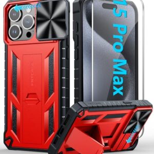 FNTCASE for iPhone 15-Pro-Max Case: Military Grade Drop & Shock Protection Cell Phone Cover with Kickstand & Slide | Rugged Protective Bumper Tough Protector Cases for 15 Pro Max 6.7'' - Red