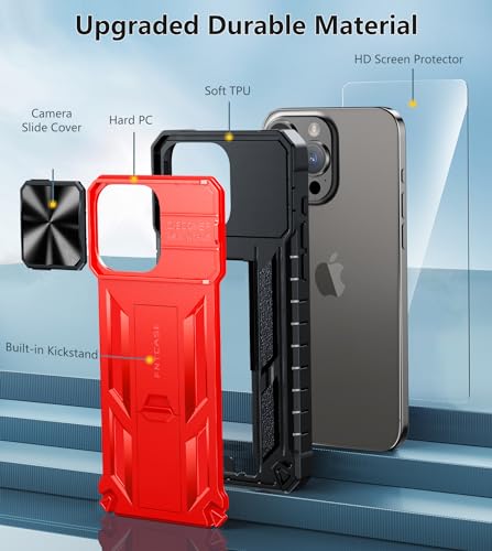 FNTCASE for iPhone 15-Pro-Max Case: Military Grade Drop & Shock Protection Cell Phone Cover with Kickstand & Slide | Rugged Protective Bumper Tough Protector Cases for 15 Pro Max 6.7'' - Red