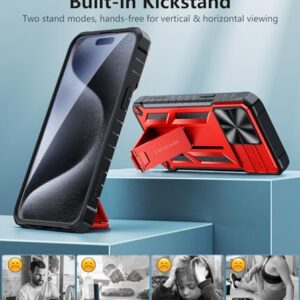 FNTCASE for iPhone 15-Pro-Max Case: Military Grade Drop & Shock Protection Cell Phone Cover with Kickstand & Slide | Rugged Protective Bumper Tough Protector Cases for 15 Pro Max 6.7'' - Red