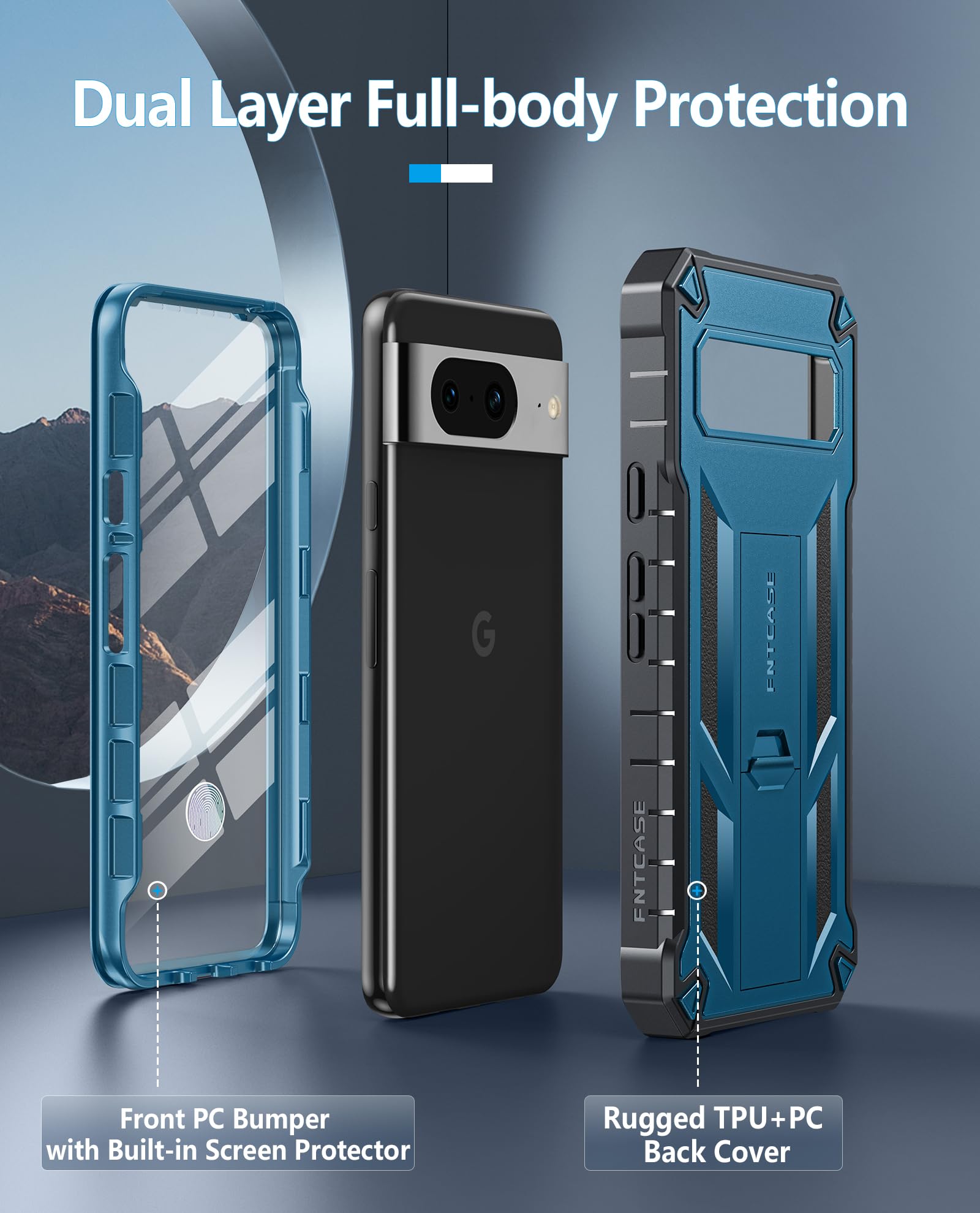 FNTCASE for Google Pixel 8 Case: Military Grade Shockproof Rugged Protective Phone Cover with Kickstand, Belt-Clip Holster & Extra Front Frame, Heavy Duty Hard Pixel 8 Cell Phone Cases 5G (Blue)