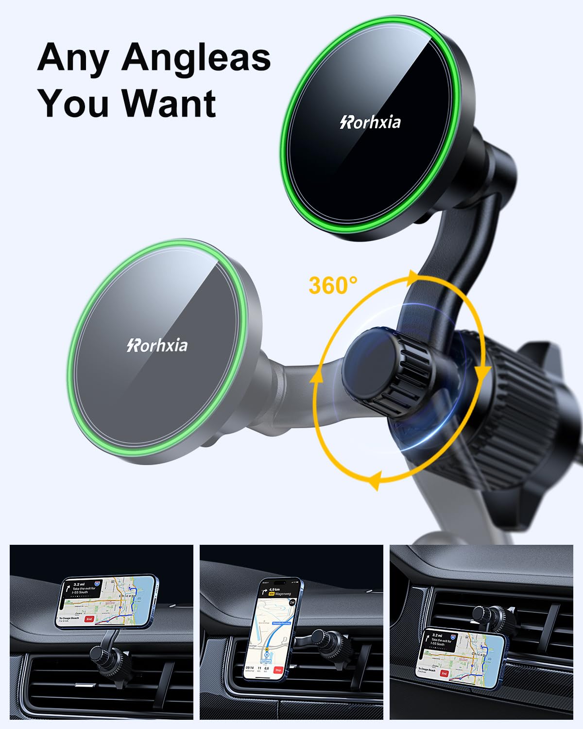 Rorhxia 15W Qi2 Fits MagSafe Car Mount Charger, [Never Blocking Vent, Enjoy The Comfort of The A/C] Magnetic Vent Phone Holder for Car Wireless Charging Fit for iPhone 15/14/13/12 Pro Max Plus