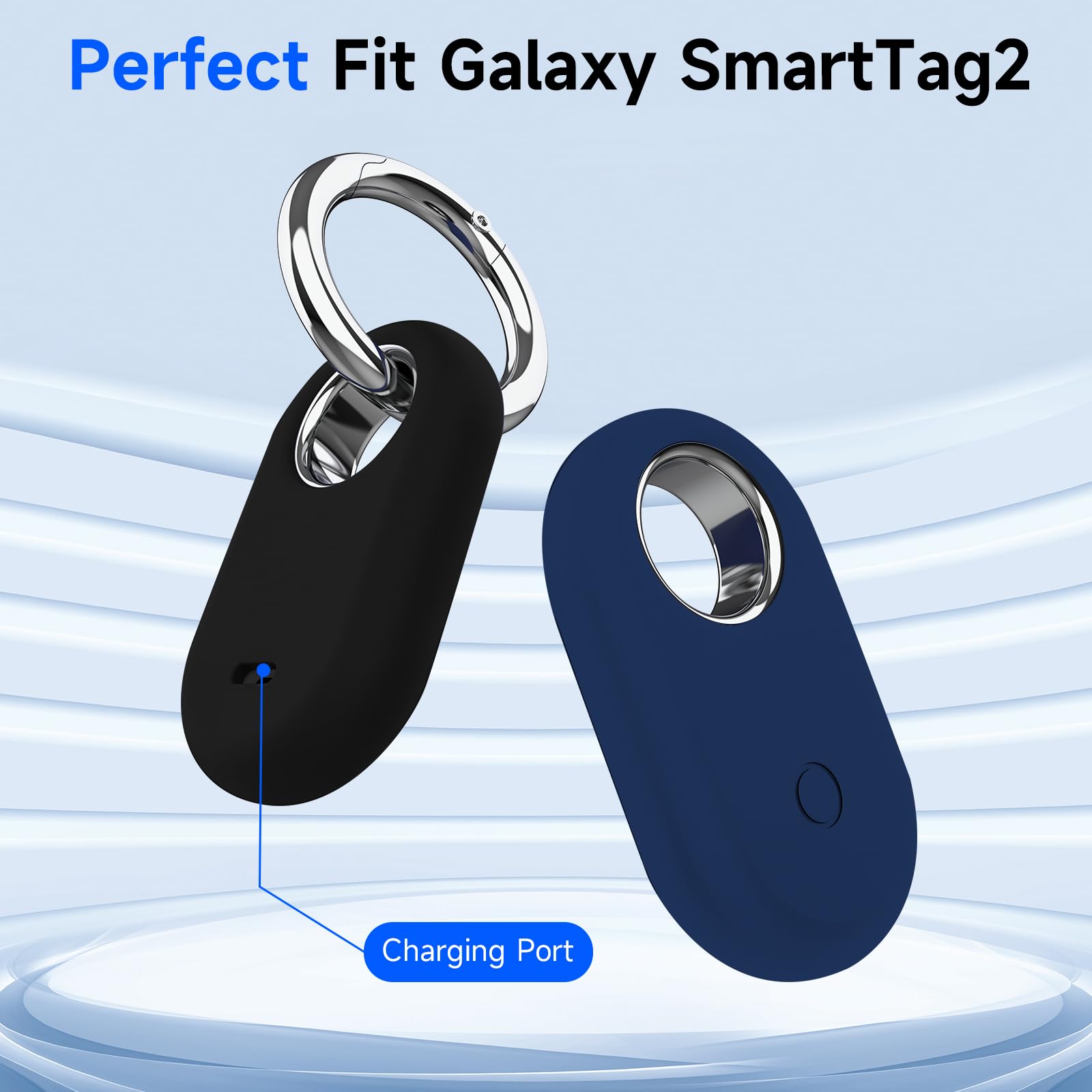 LDSXAY Compatible with Samsung Galaxy SmartTag2 Case, 2 Pack Scratch Resistant Silicone Protective Skin Cover for Galaxy SmartTag2 Case with Key Ring, Soft Touch (Black+Blue)