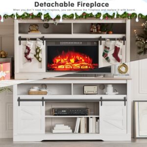 YESHOMY Fireplace TV Stand for Television up to 65+ Inch with Storage and Farmhouse Sliding Barn Doors, Entertainment Center with Cabinet and Shelves, Media Console for Living Room, White