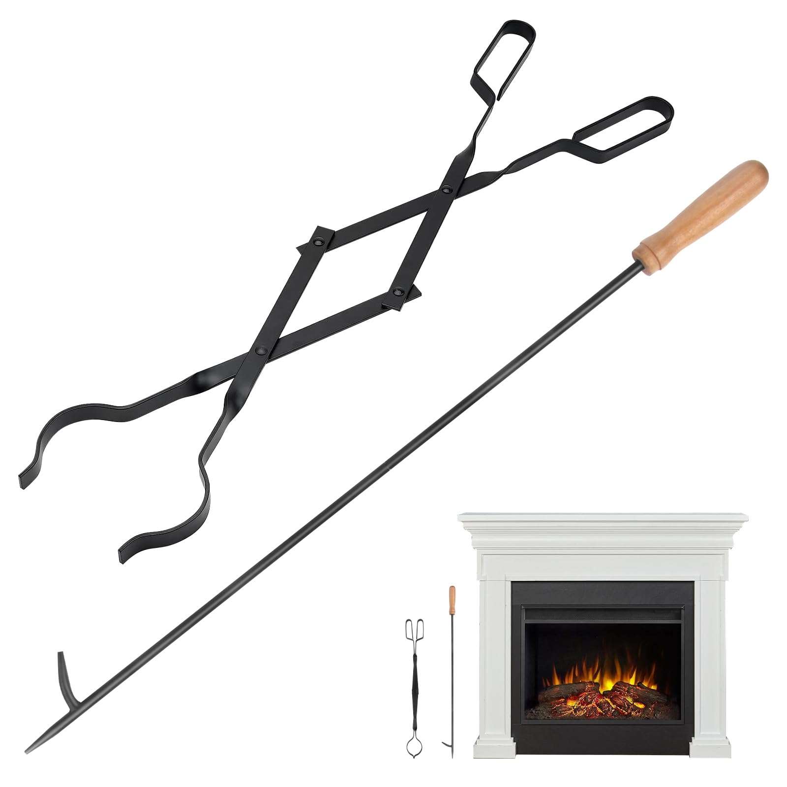 Fireplace Tools Fire Pit Accessories - 25" Fireplace Tongs and 32" Poker Set - Stove Accessories Fire Tongs Solid Poker Stick Tools - Log Grabber Heavy Duty Rust Resistant for Indoor and Outdoor use