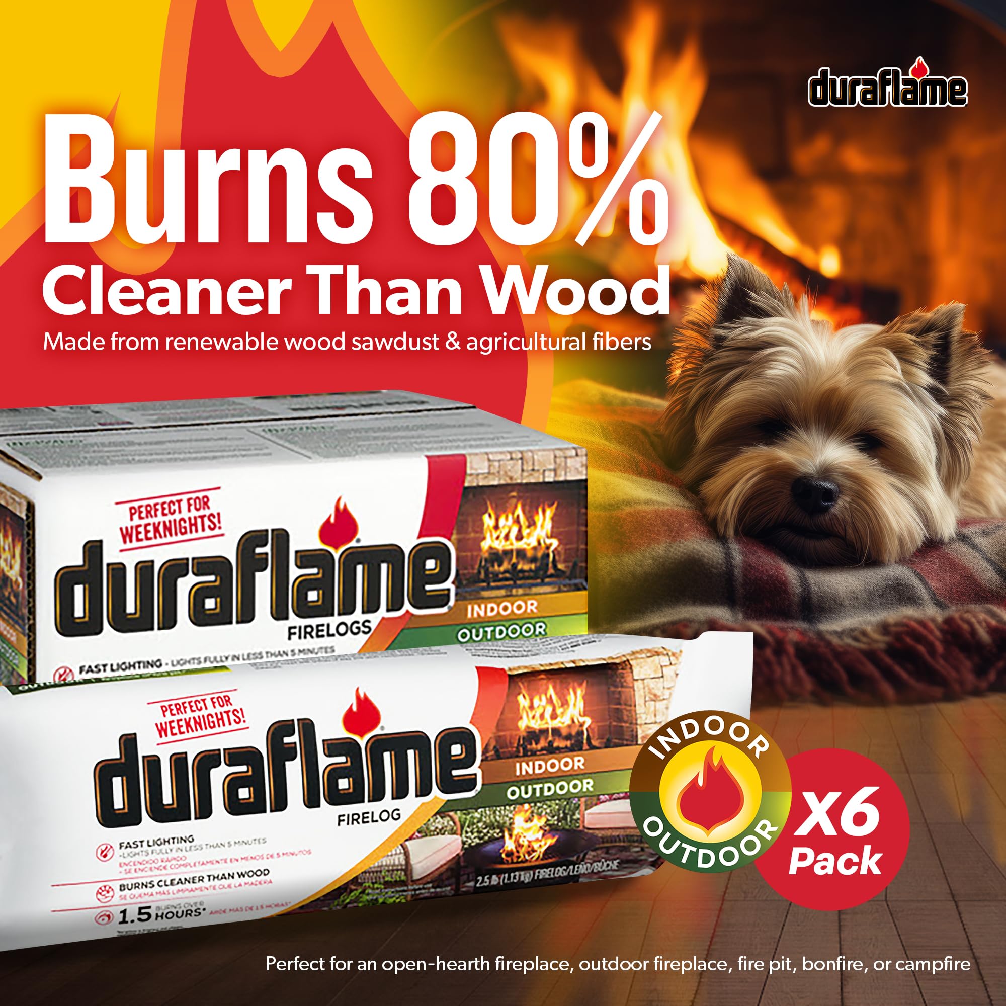 Duraflame 2.5 Pound 1.5 Hour Long Burn Time Indoor Outdoor Quick Light Fire Log for Camping, Firepits, Bonfires, and Fireplaces (6 Pack)