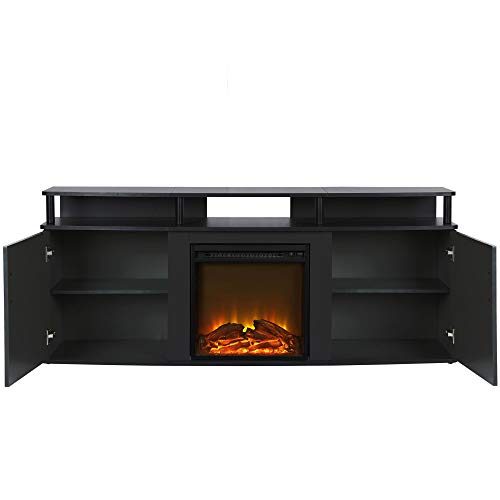 Ameriwood Home Carson Fireplace TV Stand for TVs up to 70 Inch, Replaceable Electric Fireplace Insert Heater, Realistic Log and Flame Effect, For Living Room or Bedroom, Black