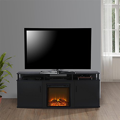 Ameriwood Home Carson Fireplace TV Stand for TVs up to 70 Inch, Replaceable Electric Fireplace Insert Heater, Realistic Log and Flame Effect, For Living Room or Bedroom, Black