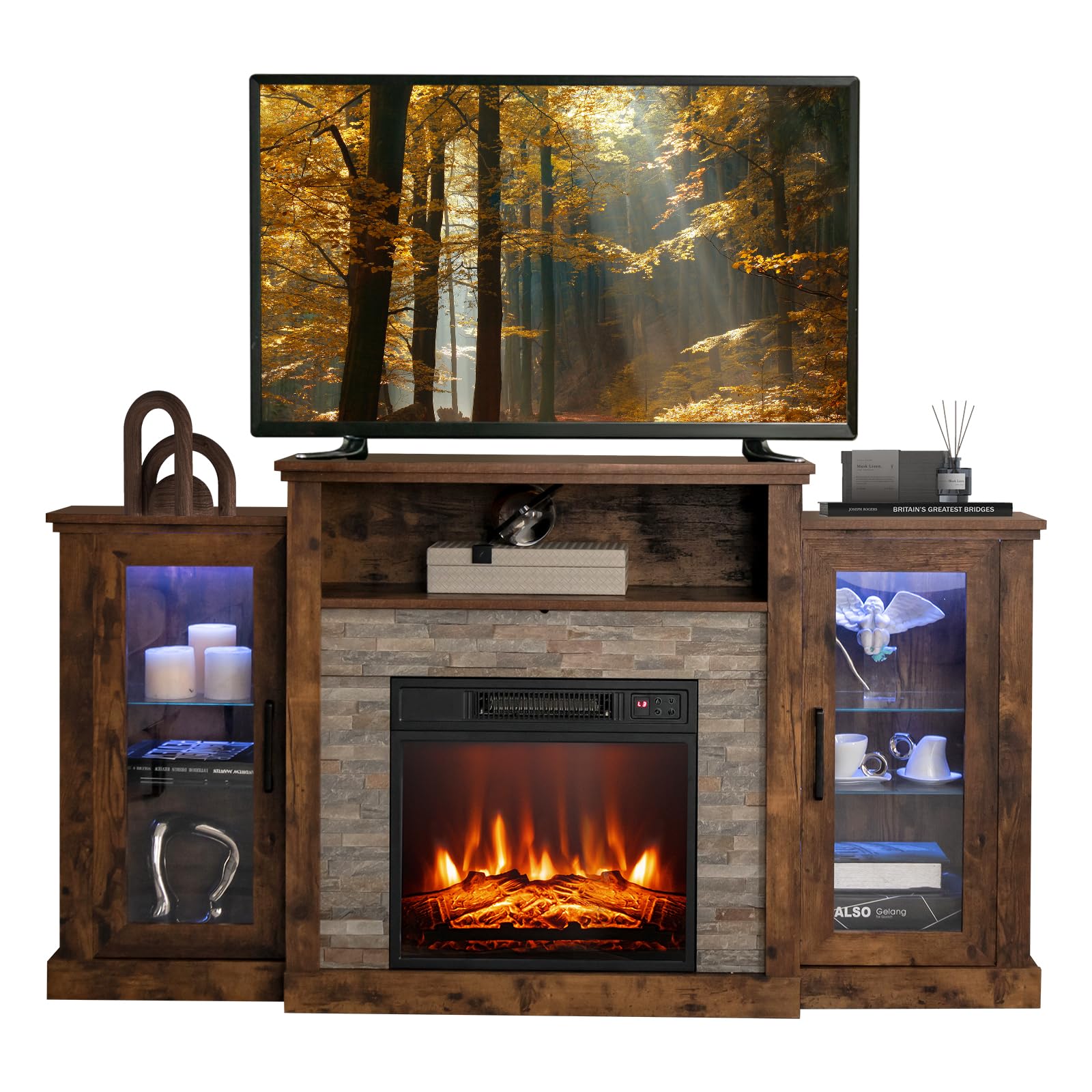 COSTWAY Electric Fireplace TV Stand for TVs Up to 65 Inches, 18-inch Fireplace Insert with APP Control, Remote Control, 16 Color Lights, Wooden Entertainment Center with Adjustable Shelves, Brown