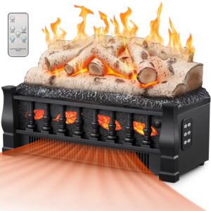 Joy Pebble Electric Fireplace Insert Log Heater 21", 750W/1500W Adjustable 5 Flame Brightness&Speed, Fireplace Insert with Realistic Ember Bed&Whitish Gray Log, Overheat Protection&Remote Control