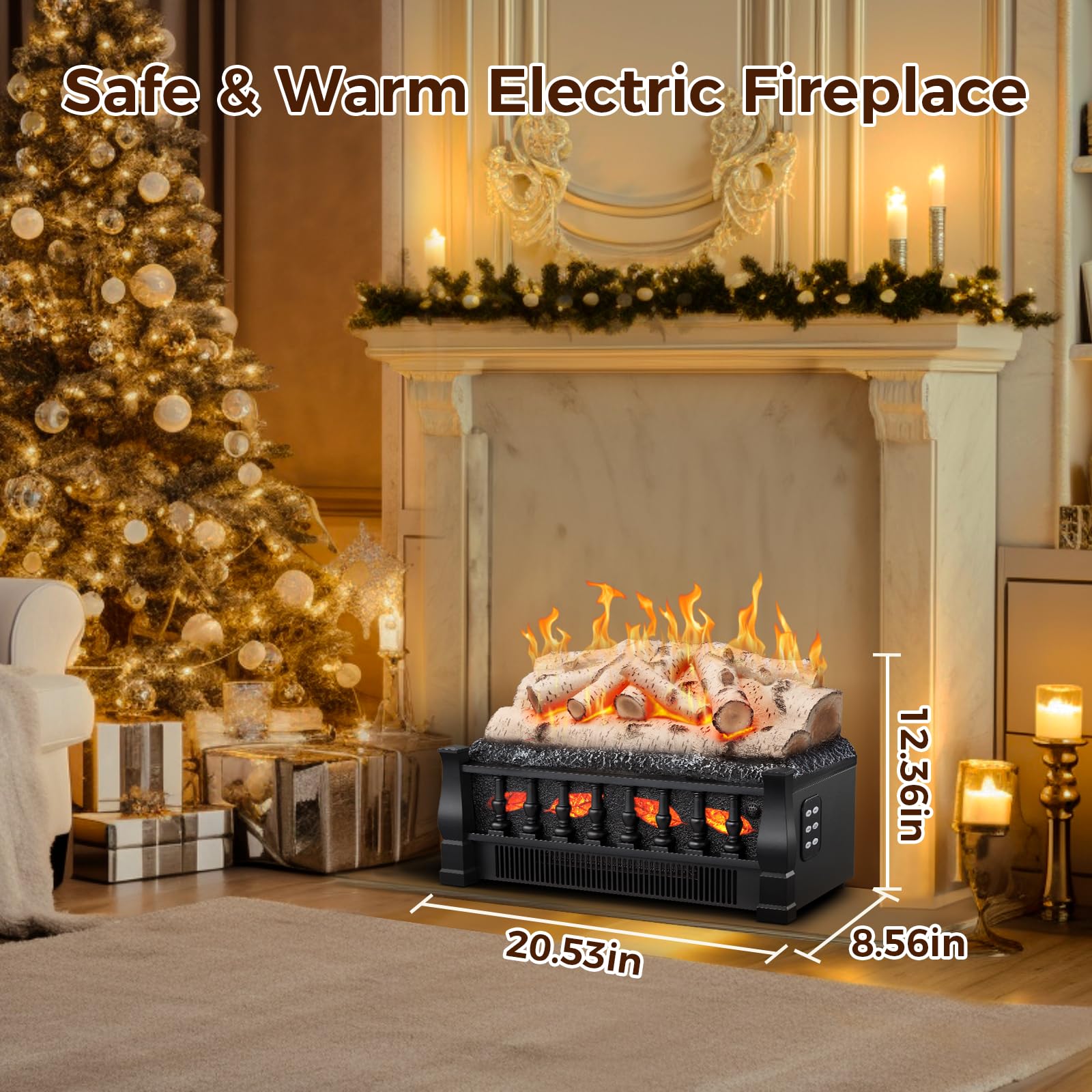 Joy Pebble Electric Fireplace Insert Log Heater 21", 750W/1500W Adjustable 5 Flame Brightness&Speed, Fireplace Insert with Realistic Ember Bed&Whitish Gray Log, Overheat Protection&Remote Control