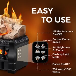 Joy Pebble Electric Fireplace Insert Log Heater 21", 750W/1500W Adjustable 5 Flame Brightness&Speed, Fireplace Insert with Realistic Ember Bed&Whitish Gray Log, Overheat Protection&Remote Control