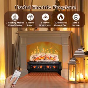 Joy Pebble Electric Fireplace Insert Log Heater 21", 750W/1500W Adjustable 5 Flame Brightness&Speed, Fireplace Insert with Realistic Ember Bed&Whitish Gray Log, Overheat Protection&Remote Control