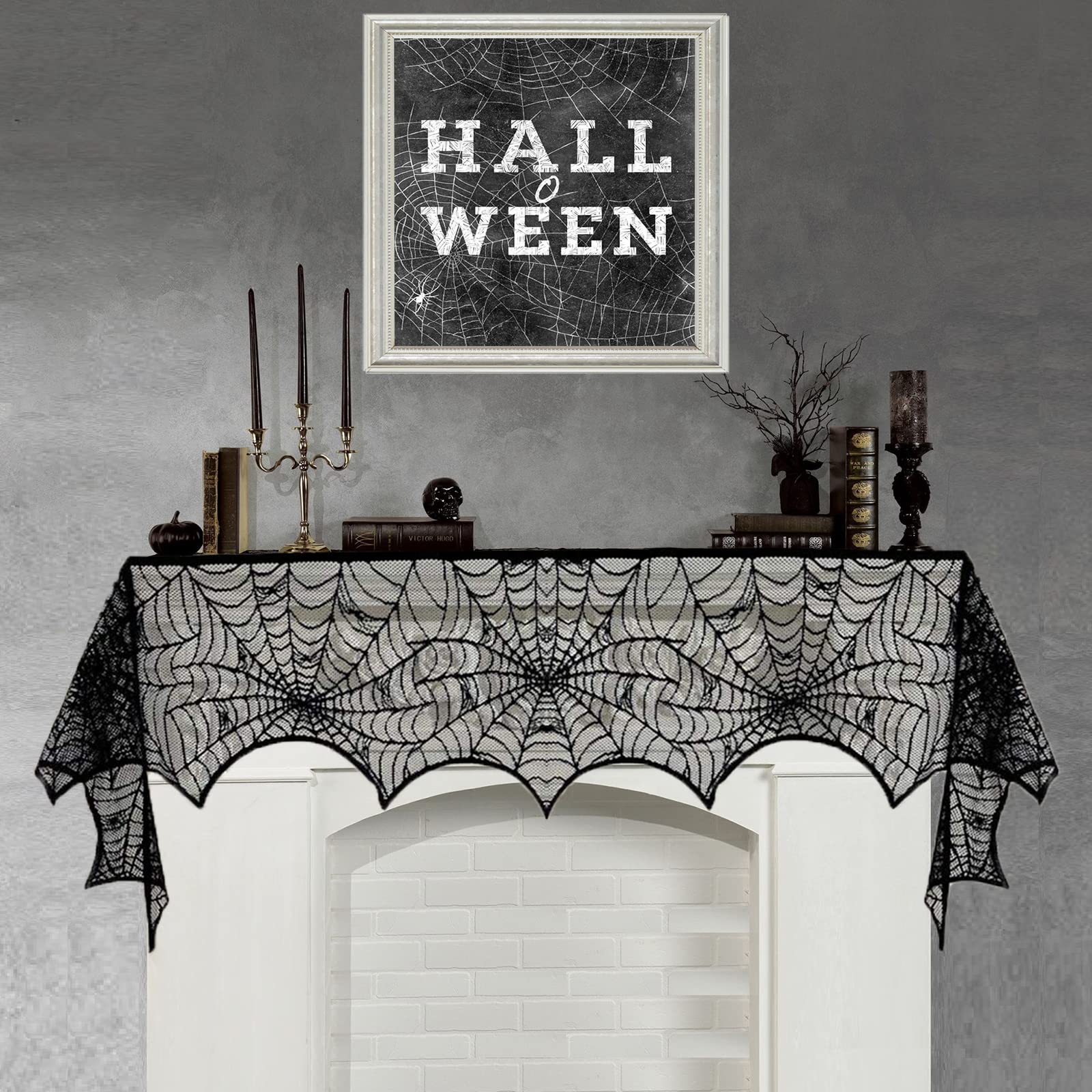 Comtraker Halloween Fireplace Mantle Decorations, Black Lace Spiderweb Fireplace Mantel Scarf Cover Garland for Festive Party Supplies Decor 18 x 98 inch (Black)