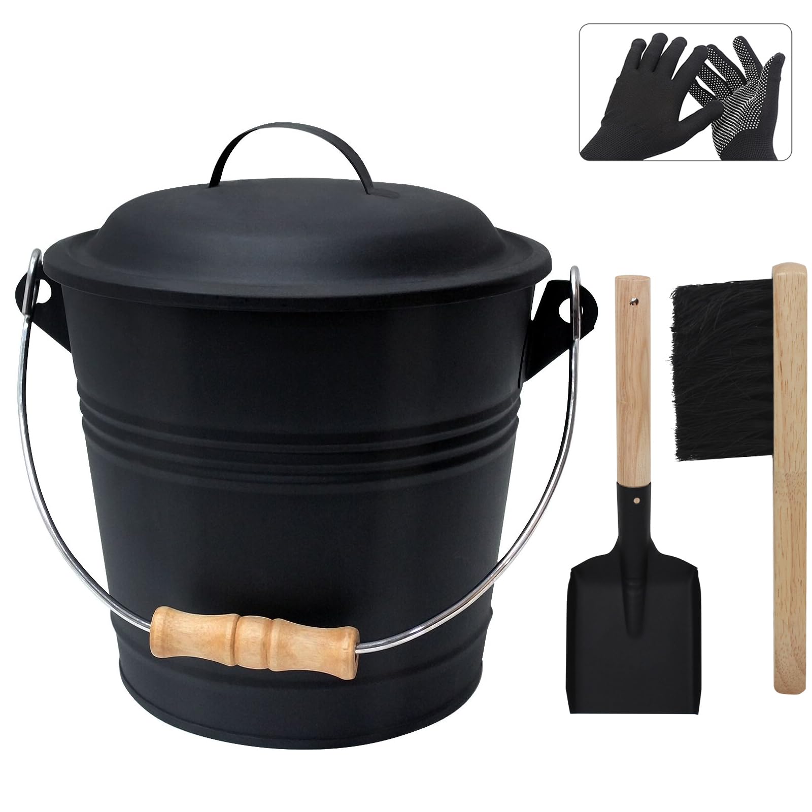 Poofzy Ash Bucket with Lid and Shovel, 1.3 Gallon Fireplace Bucket for Ashes, includes Hand Broom and Gloves for Fire Pit, Wood Burning Stove and Grill