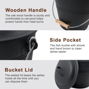 Poofzy Ash Bucket with Lid and Shovel, 1.3 Gallon Fireplace Bucket for Ashes, includes Hand Broom and Gloves for Fire Pit, Wood Burning Stove and Grill