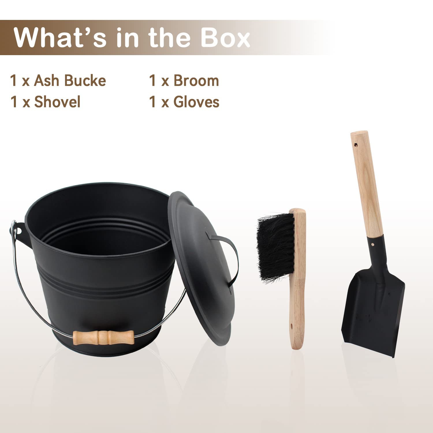 Poofzy Ash Bucket with Lid and Shovel, 1.3 Gallon Fireplace Bucket for Ashes, includes Hand Broom and Gloves for Fire Pit, Wood Burning Stove and Grill