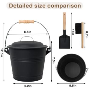 Poofzy Ash Bucket with Lid and Shovel, 1.3 Gallon Fireplace Bucket for Ashes, includes Hand Broom and Gloves for Fire Pit, Wood Burning Stove and Grill