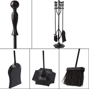 AMAGABELI GARDEN & HOME 5 Pcs Fireplace Tools Sets Black Handle Wrought Iron Large Fire Tool Set and Holder Outdoor Fireset Fire Pit Stand