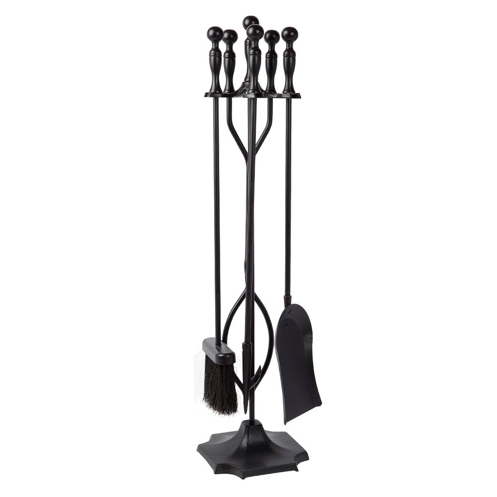 AMAGABELI GARDEN & HOME 5 Pcs Fireplace Tools Sets Black Handle Wrought Iron Large Fire Tool Set and Holder Outdoor Fireset Fire Pit Stand