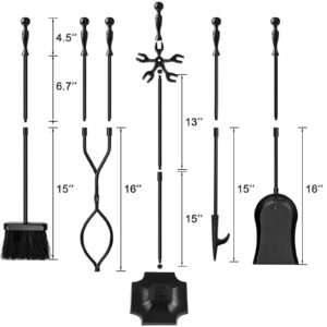 AMAGABELI GARDEN & HOME 5 Pcs Fireplace Tools Sets Black Handle Wrought Iron Large Fire Tool Set and Holder Outdoor Fireset Fire Pit Stand