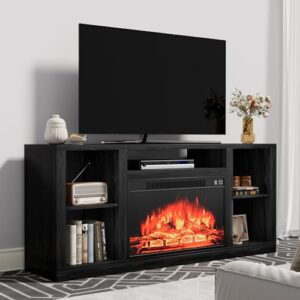 YESHOMY Electric Fireplace TV Stand for Televisions up to 65+ Inch, Media Entertainment Center Console Table with Four Open Storage Shelves & Cabinets, 58 Inch, Black