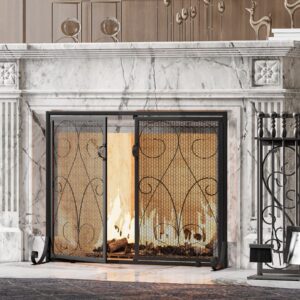 Kingson 2-Panel Fireplace Screen with Doors Handcrafted Wrought Iron Decorative Mesh, Symmetric Scroll Fire Spark Guard-Black