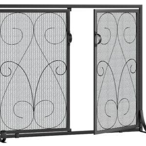 Kingson 2-Panel Fireplace Screen with Doors Handcrafted Wrought Iron Decorative Mesh, Symmetric Scroll Fire Spark Guard-Black