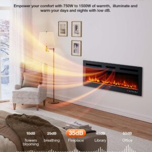 VISVEIL Electric Fireplace 50Inch,Realistic Flame Electric Fireplace Heater,Log Set/Crystal Flames 750-1500W with Timer Inserts/Wall Mounted/TV Stand Touch Screen & Remote