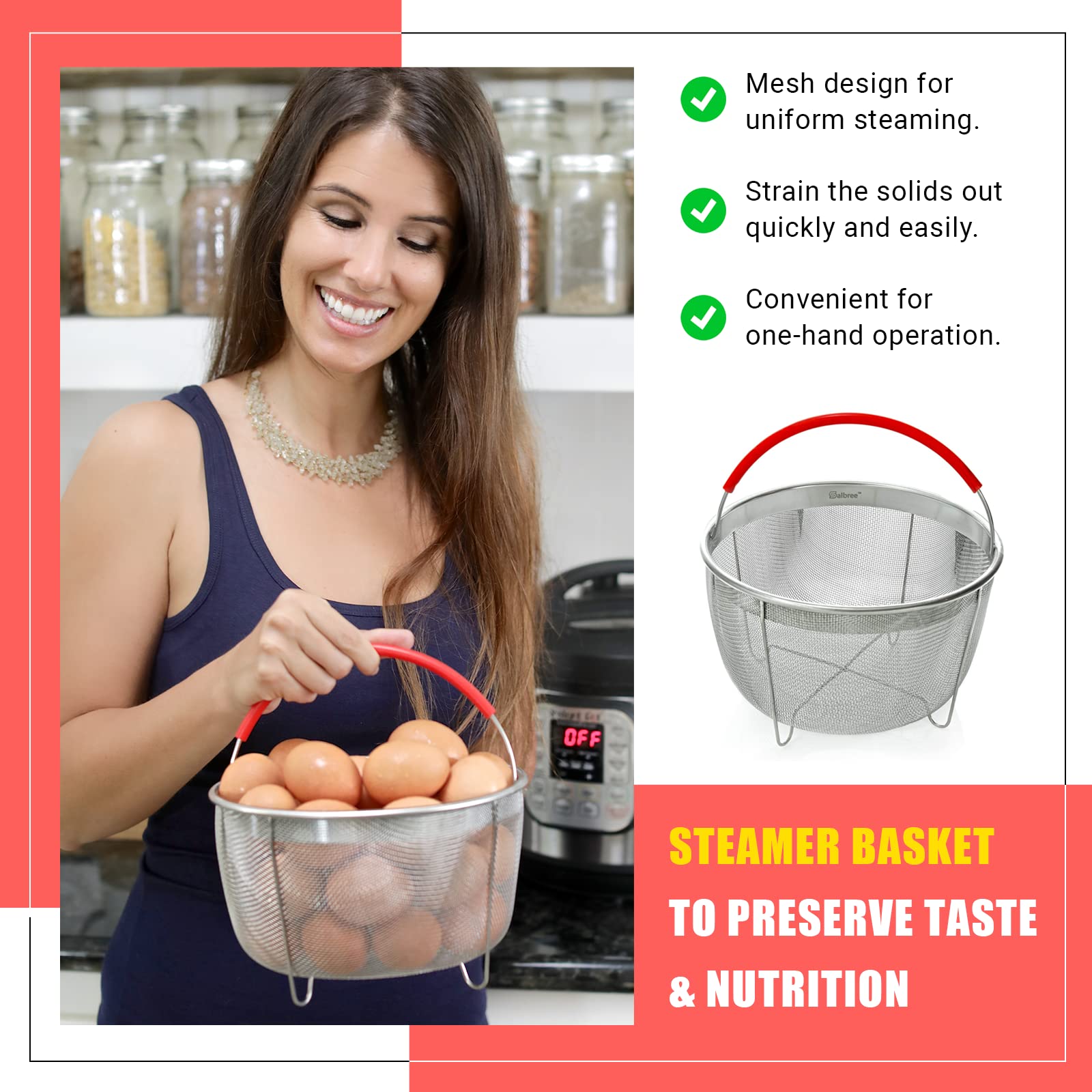 Original Salbree Steamer Basket for 8 quart Instant Pot Accessories, Stainless Steel Strainer and Insert fits IP Insta Pot, Instapot 8 qt, Other Pressure Cookers & Pots, with Handle [3qt 6qt avail]