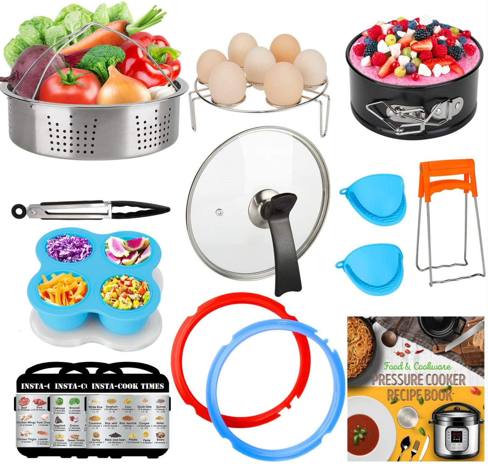 3-Quart-Accessories-Set with Tempered Glass Lid Sealing Rings Compatible with Instant Pot Mini 3, Including Steamer Basket Springform Pan Egg Rack Trivet Works with 3 Qt Instapot, Cookbook, Cover