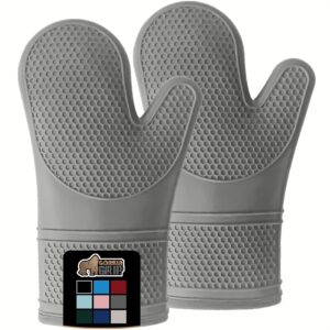 gorilla grip heat and slip resistant silicone oven mitts set, soft cotton lining, waterproof, bpa-free, long flexible thick gloves for cooking, bbq, kitchen mitt potholders, 12.5 in, gray