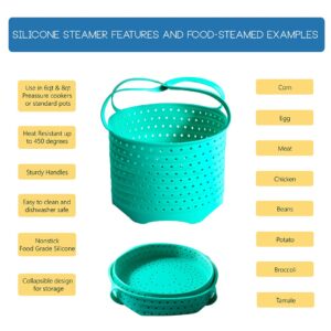 YERETOLO Silicone Steamer Basket for 6 & 8qt instant pot, ninja pressure cooker- Food Safe BPA free- Foldable Colander with Silicone handles - Includes Silicone Pot Holder Trivet Mat