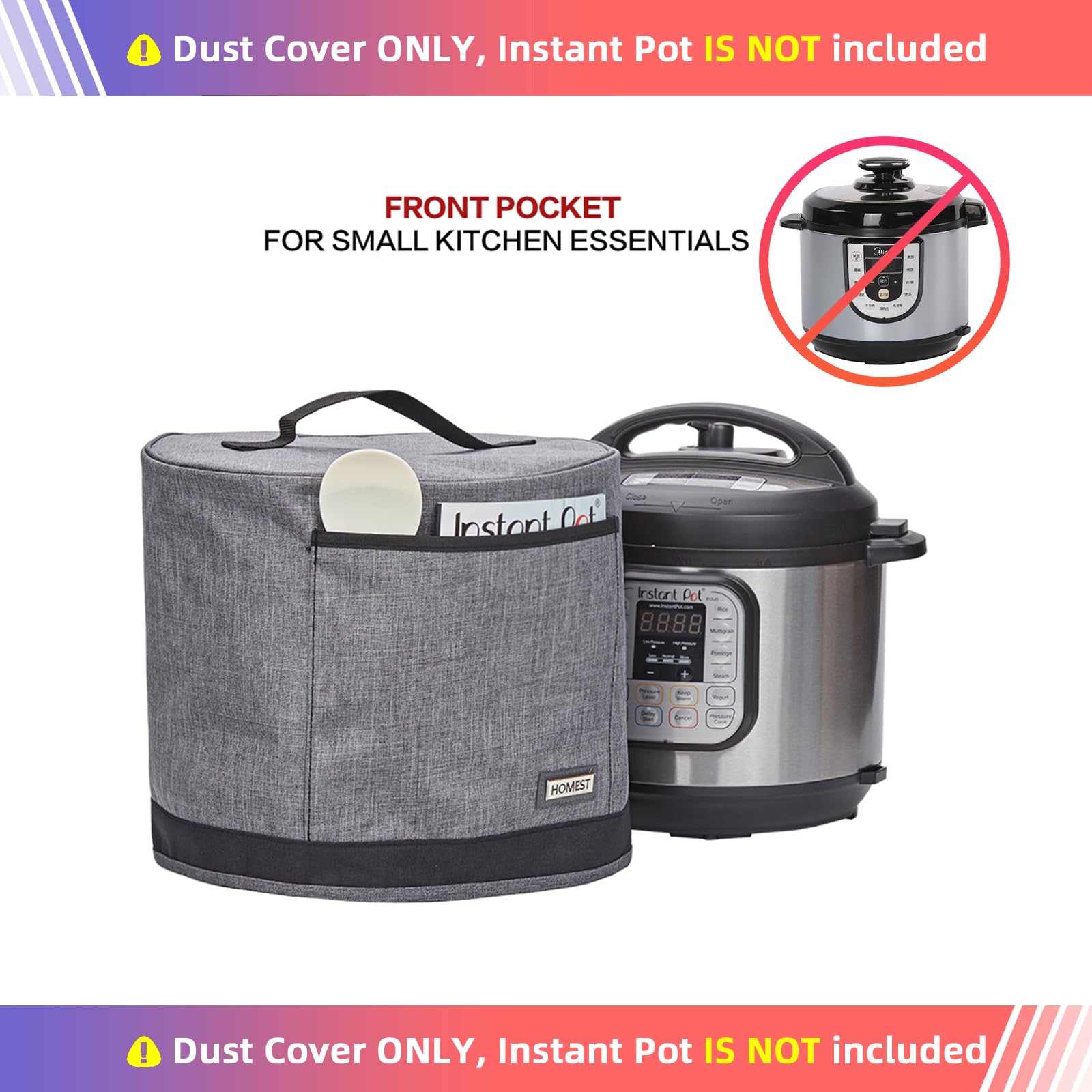 HOMEST Dust Cover with Pockets for Instant Pot 8 Quart, Insulated Pressure Cooker Cover with Easy to Clean Lining, Grey (Cover Only)