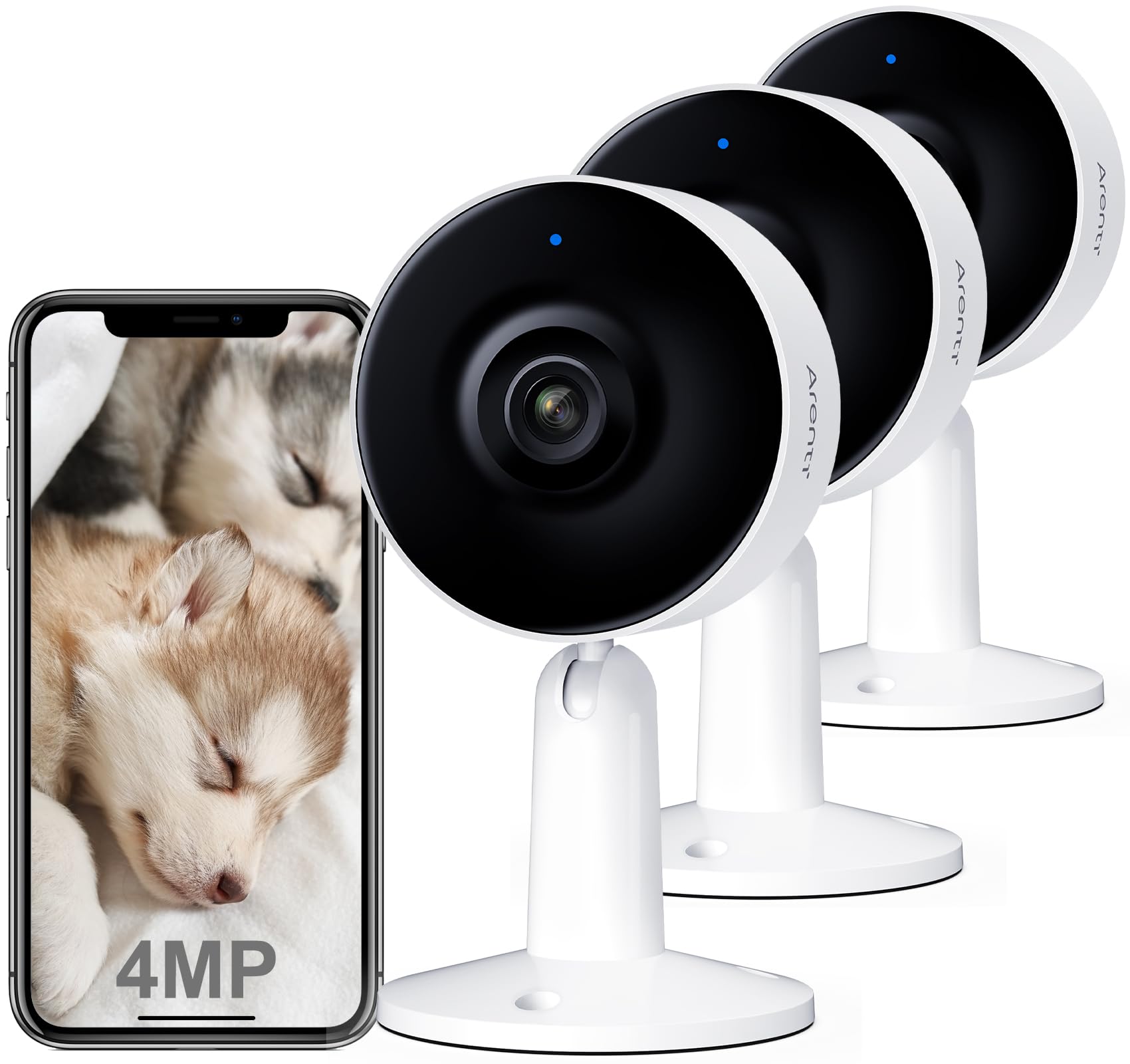 ARENTI 4MP WiFi Security Camera Indoor, 3PCS Pet Dog Camera with Phone App, Plug-in Baby Home Puppy Cam, 2.4GHz, Motion Sound Detection, Night Vision, Two-Way Talk, Alexa and Google Compatible