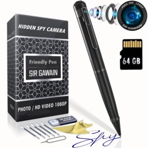 sirgawain mini spy camera hidden camera pen 1080p & 64gb micro sd - [upgraded 2024] small nanny cam spy pen camera full hd video or picture taking - secret camera with wide angle lens, rechargeable