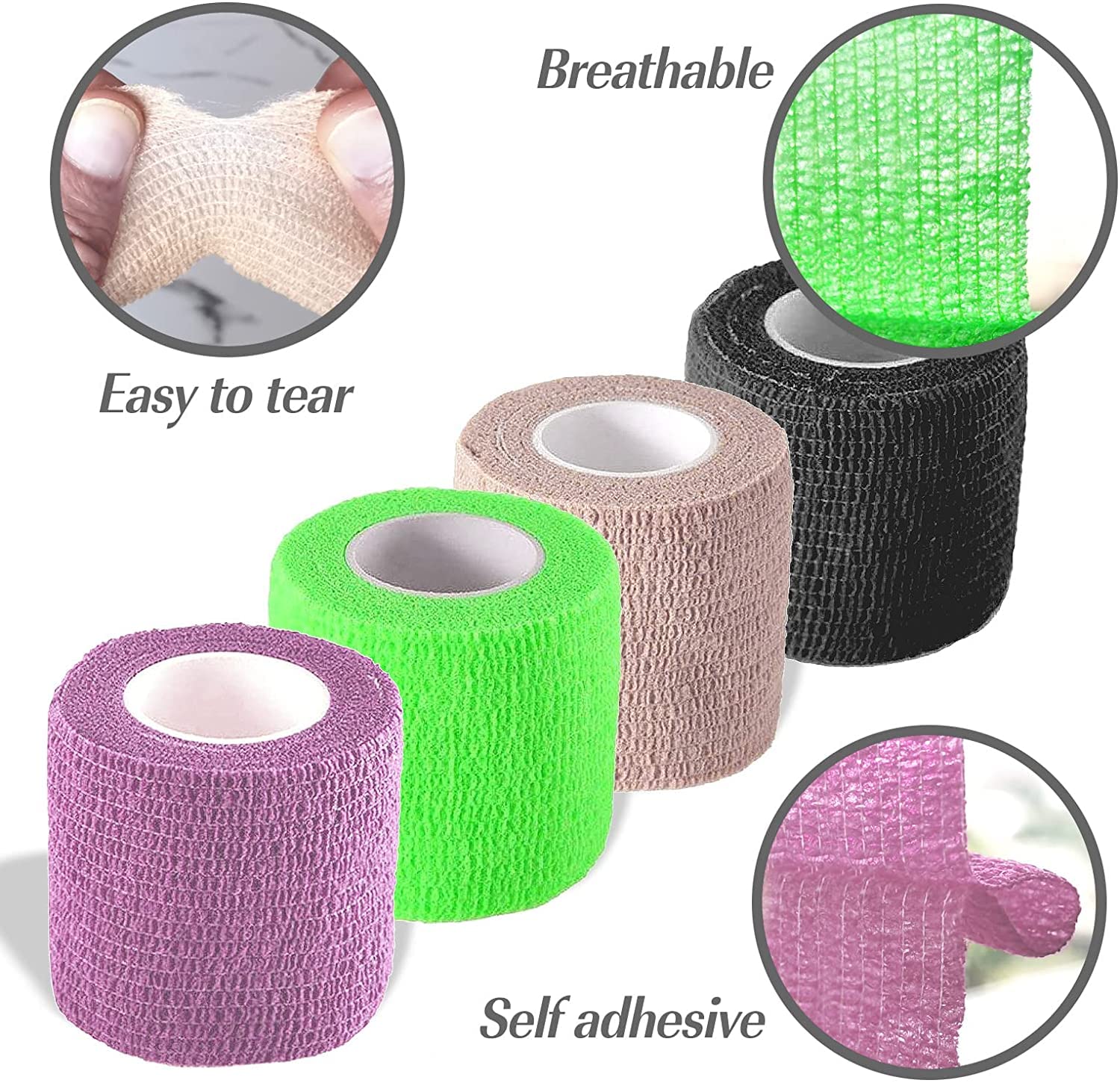 Self Adhesive Bandage Wrap, 2 inches x 5 Yards, 6 Pack, Self Adhering Bandage Wrap, Self Adherent Cohesive Wrap Bandages for Sports, Bandage Wrap for Sports, First Aid Tape