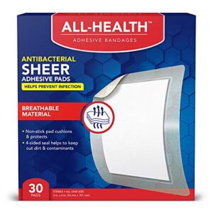 all health antibacterial sheer adhesive pad bandages, 3 in x 4 in, 30 ct | helps prevent infection, extra large comfortable protection for first aid and wound care