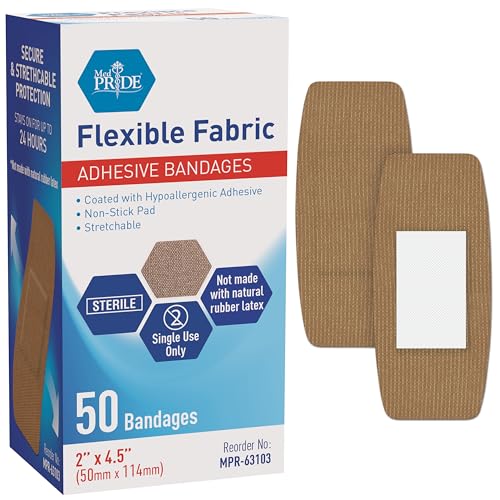 MED PRIDE Sterile Fabric Adhesive Bandages [50 Count]- First Aid Bandages Coated with Hypoallergenic Adhesive & Non-Stick Pad- Latex-Rubber Free Wound Care Bandages- Individual Wrapped- 2” x 4.5''