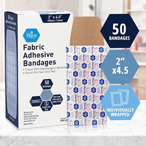 MED PRIDE Sterile Fabric Adhesive Bandages [50 Count]- First Aid Bandages Coated with Hypoallergenic Adhesive & Non-Stick Pad- Latex-Rubber Free Wound Care Bandages- Individual Wrapped- 2” x 4.5''