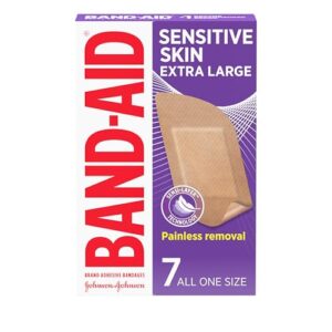 band-aid brand adhesive bandages for sensitive skin, hypoallergenic first aid bandages with painless removal, stays on when wet & suitable for eczema prone skin, extra large size, 7 ct