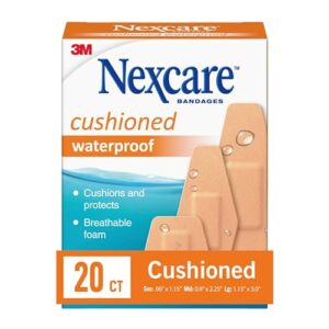 nexcare waterproof cushioned bandages, assorted sizes, 20 count