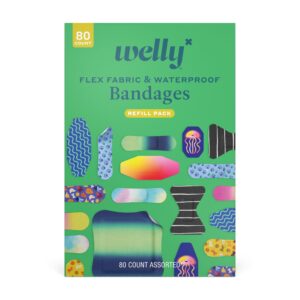 welly bandage family pack | adhesive flexible fabric & waterproof bandages | assorted shapes and patterns for minor cuts, scrapes, and wounds - 80 count