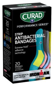 curad performance series ironman antibacterial bandages, extreme hold adhesive technology, standard size flexible fabric bandages for cuts, scrapes, & burns, assorted colors, 1 x 3.25 inches, 20 count