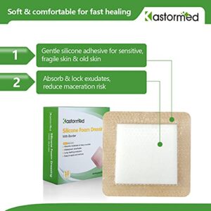 kastormed Silicone Adhesive Foam Dressing with Gentle Border 4''x4'' 10 Pack, High Absorbency Foam Wound Bandage for Bed Sore, Leg Ulcer, Diabetic Ulcer