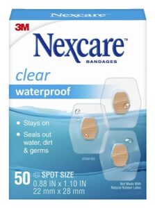 nexcare waterproof clear bandages, covers and protects, 360 degree seal around the pad offers protection against water, dirt, and germs, 0.88 x 1.1 in, 50 count(pack of 3)