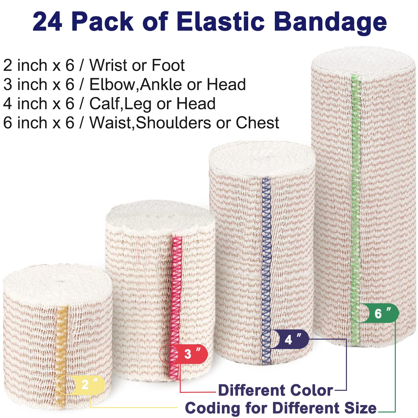 24 Pack Elastic Bandage Wrap (6x2”, 6x3", 6x4", 6x6") Compression Bandage Wrap with Hook and Loop Closure on Both Ends Self Adhesive Bandage Wrap for Sports, Medical, and Injury Recovery