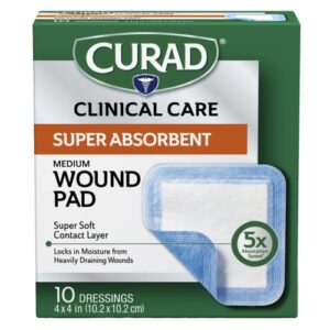 curad super absorbent wound pad, medium, 4" x 4", 10 count